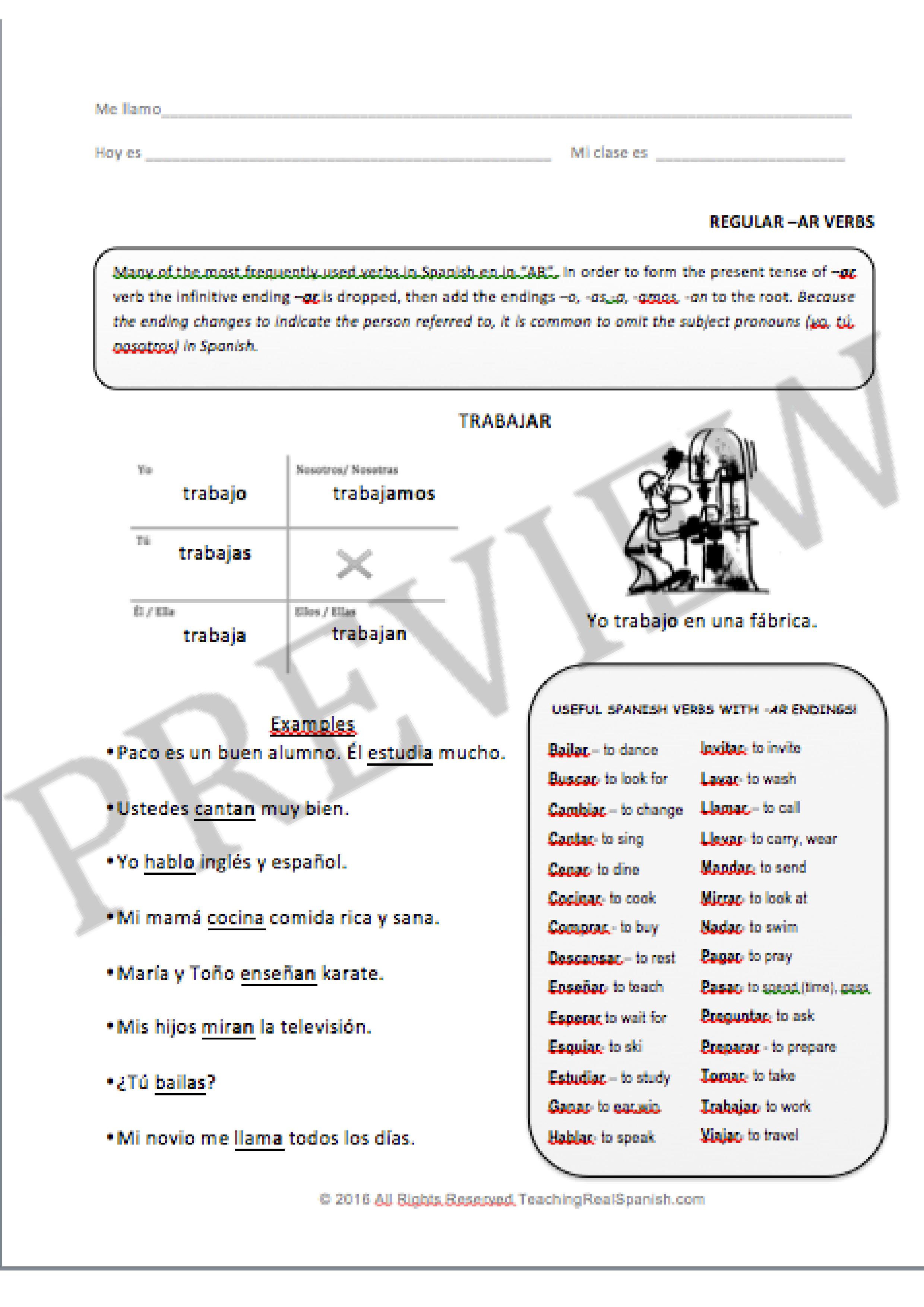 Worksheet 2 Present Tense Of Ar Verbs Key