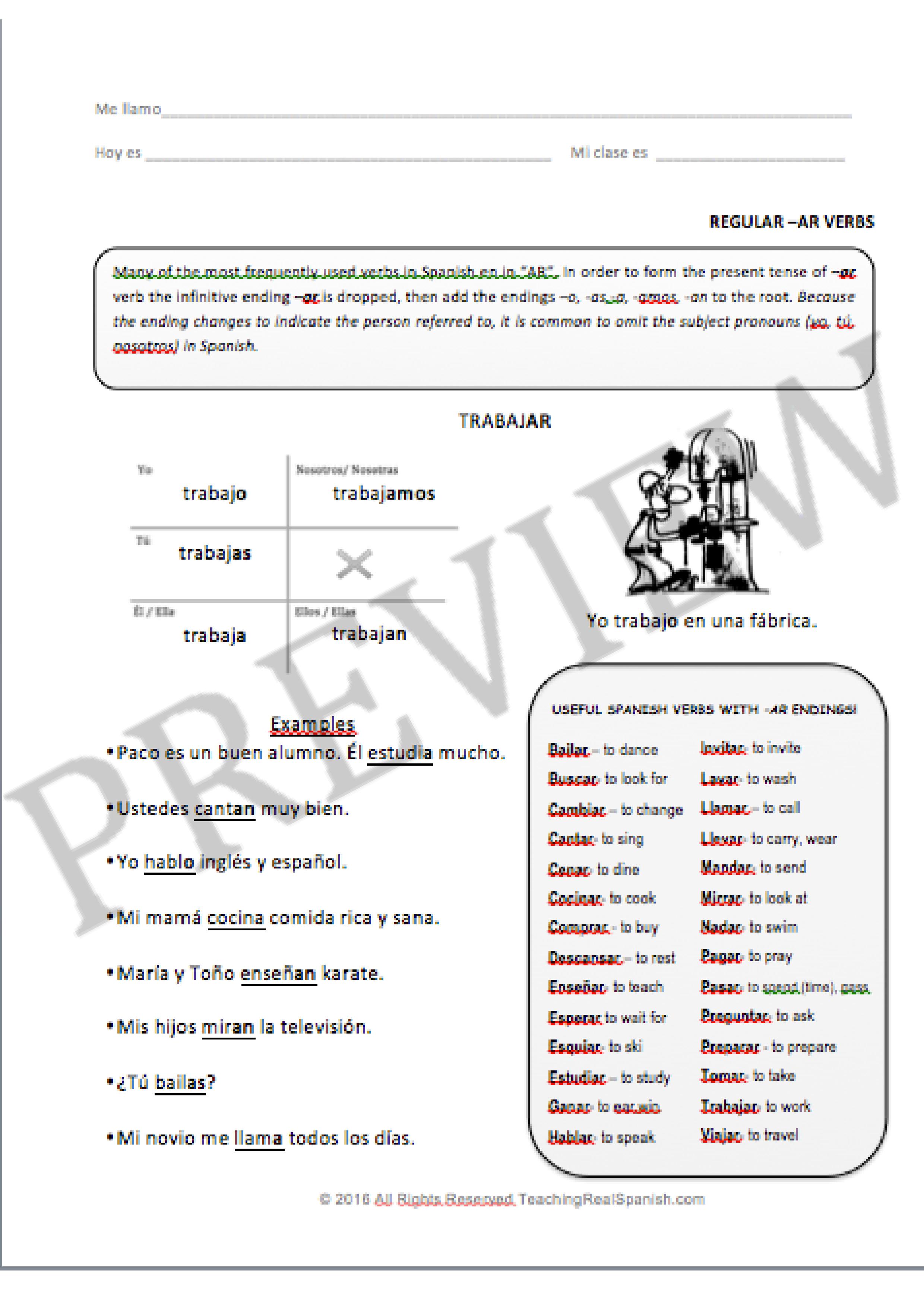  AR Verb Worksheets Regular Simple Present TeachingRealSpanish