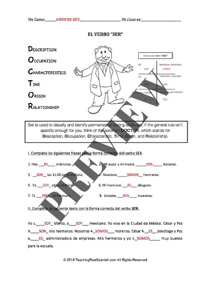 SER Doctor With El Verbo Ser Worksheet Answers